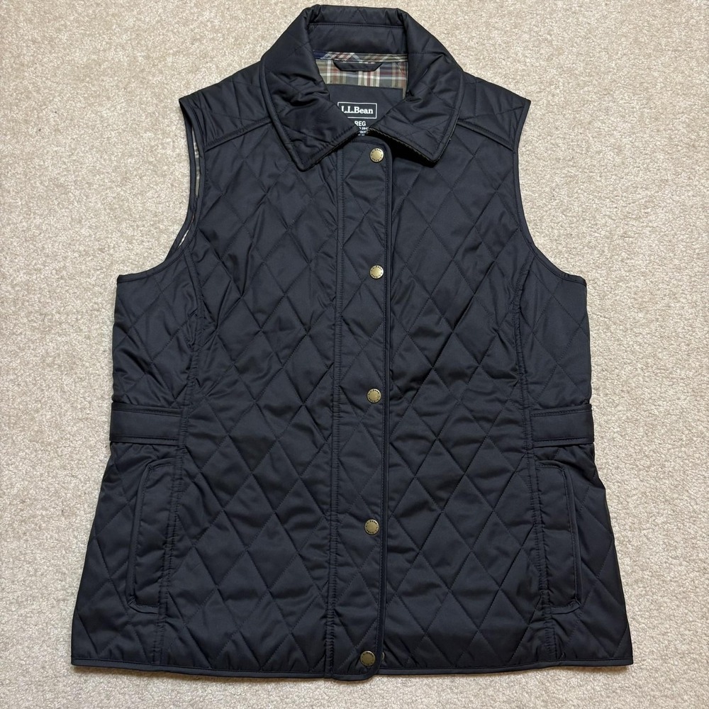 LL Bean Quilted Riding Vest Womens Medium Black Plaid Lined Zip Barn Equestrian